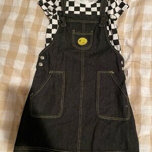Isaac Mizrahi Black Denim Overall Dress with Yellow Smiley Detail